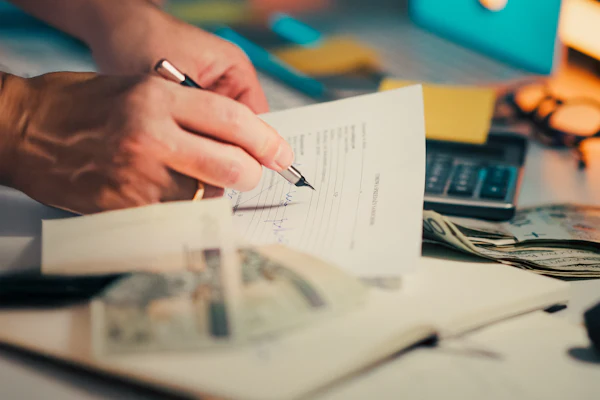 Hands reviewing and signing paperwork on a desk.