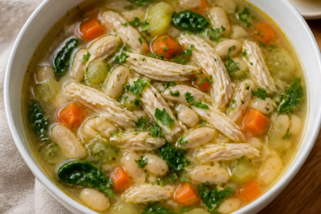 AI-generated photo: a bowl of chicken and white bean soup with carrots and spinach