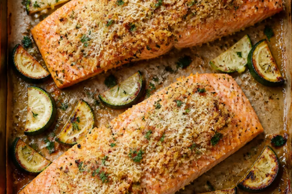 AI-generated photo: two herb-crusted salmon fillets with roasted zucchini