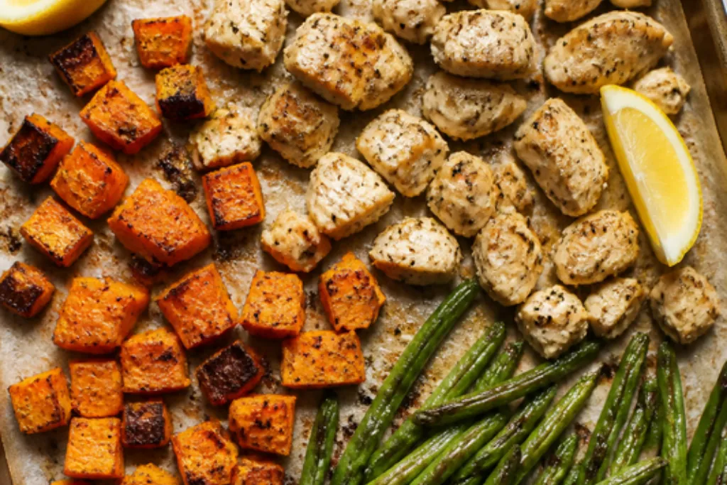 AI-generated photo: a sheet pan of herb chicken, roasted sweet potato and green beans