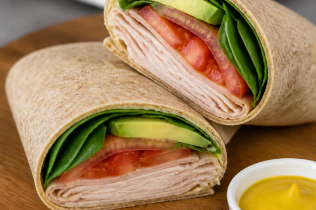 AI-generated photo: a turkey, avocado and spinach wrap cut in half